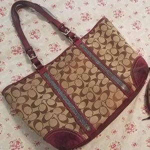 Coach C-print Tote with Berry Leather Trim